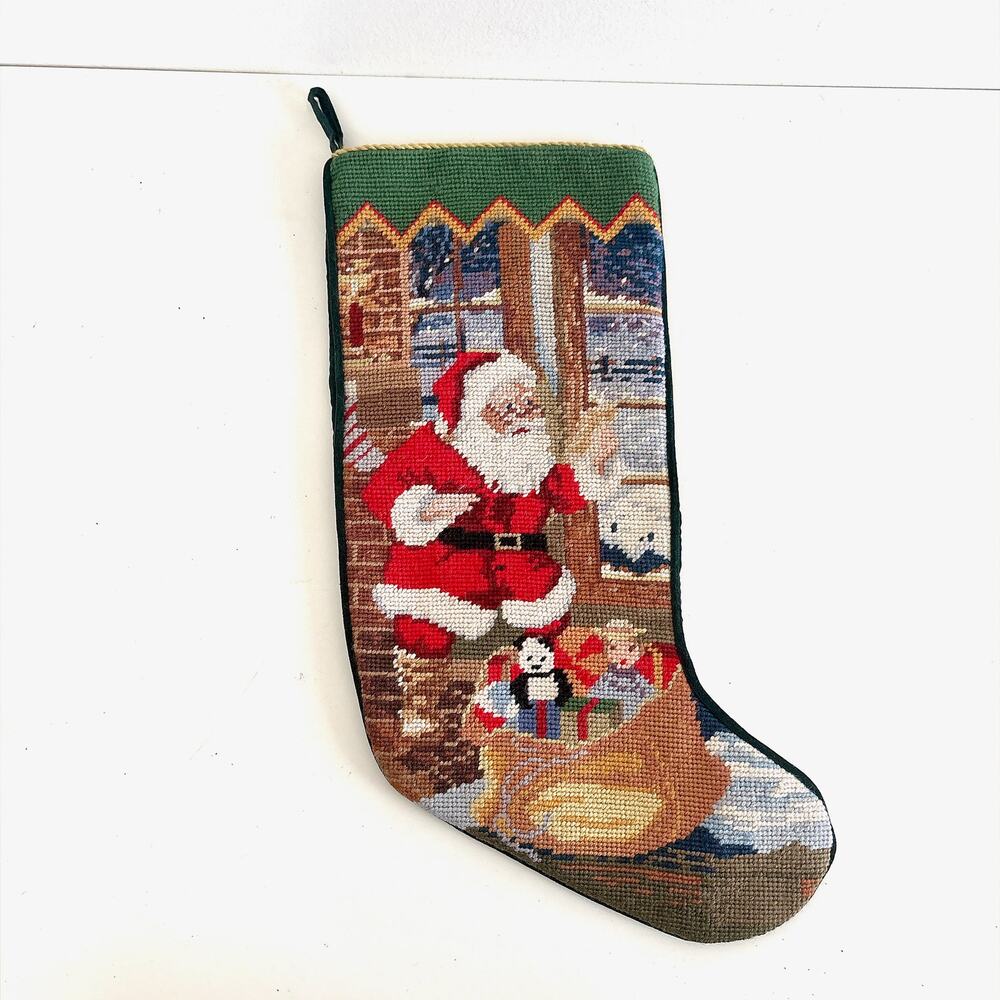 Vintage Wool Needlepoint Santa Christmas Stocking